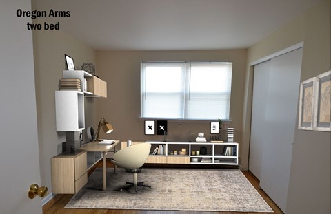 a home office with a desk and a window