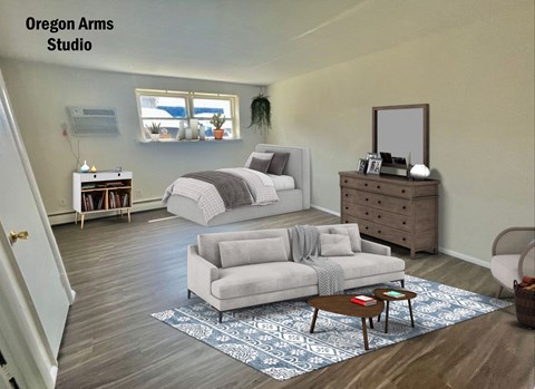 a living room with a couch and a bed