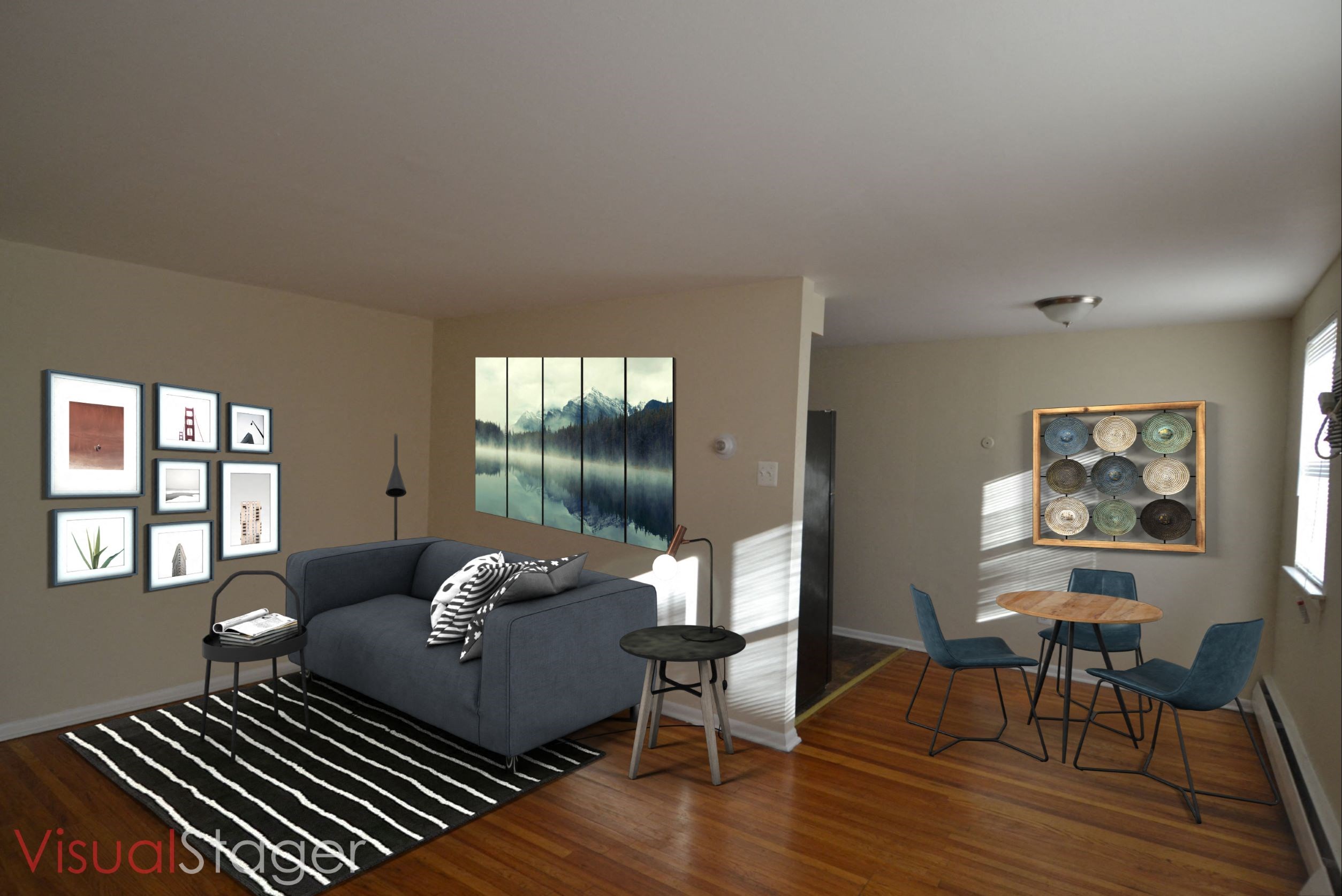 a living room with a couch and a table and chairs