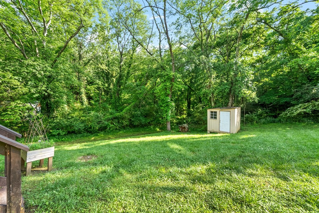 a small shed in the middle of a yard