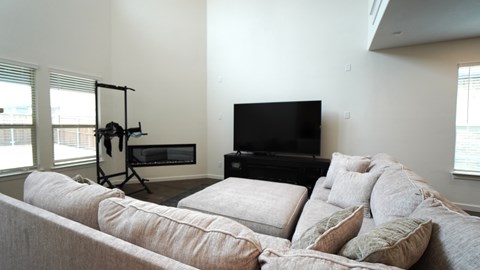 a living room with a couch and a television