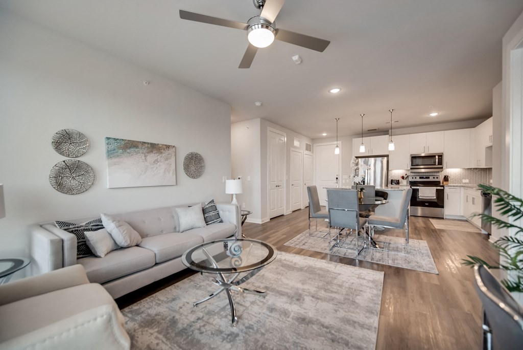a living room with a couch and a table