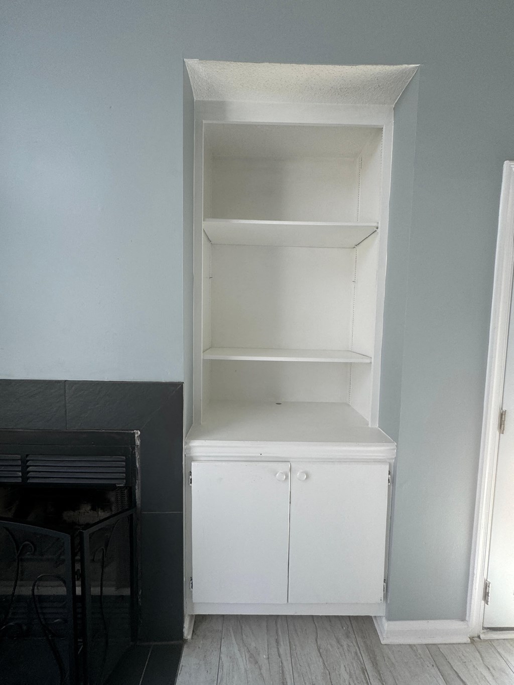 an empty cabinet in a room with a fireplace
