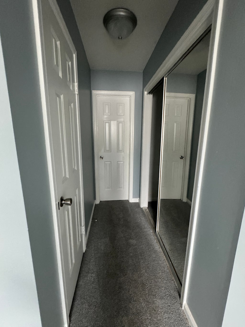 a hallway with a large mirror and a white door