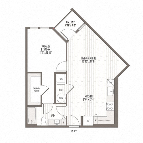 Floor plan of the A2, a one bedroom one bath at 727 SF