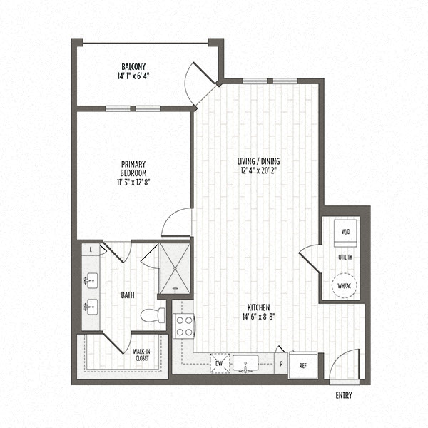 Floor plan of the A4, a one bedroom one bath at 803 SF