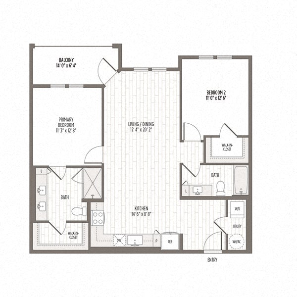 Floor plan of the B1, a two bedroom two bath at 1090 SF