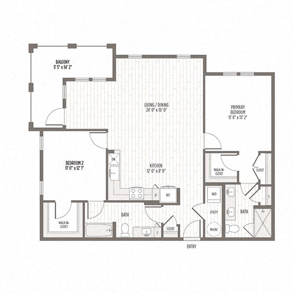 Floor plan of the B2, a two bedroom two bath at 1204 SF