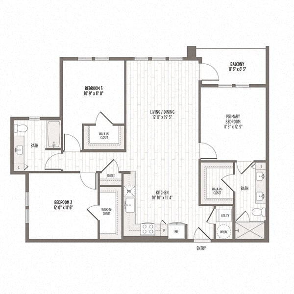 Floor plan of the C1, a three bedroom two bath at 1285 SF