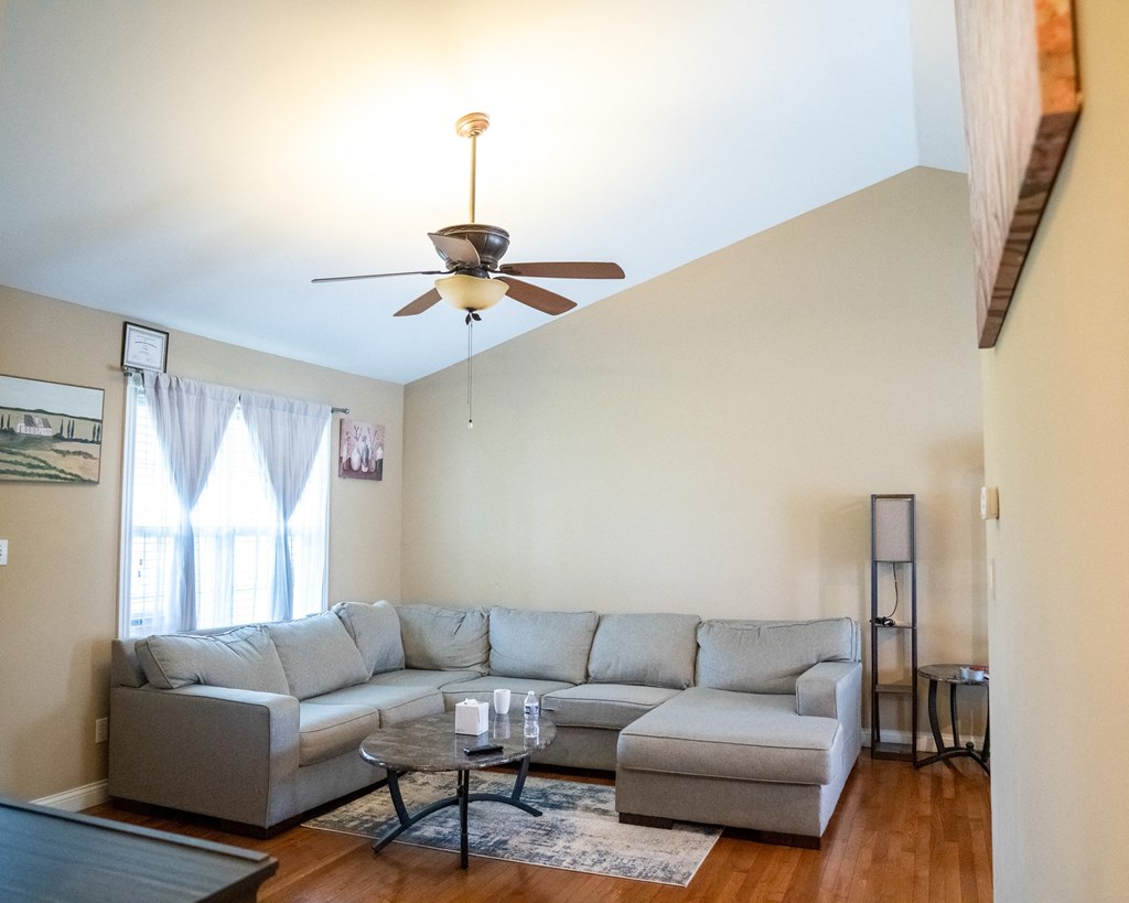 a living room with a couch and a ceiling fan