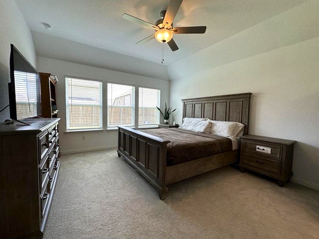 a bedroom with a bed and a ceiling fan