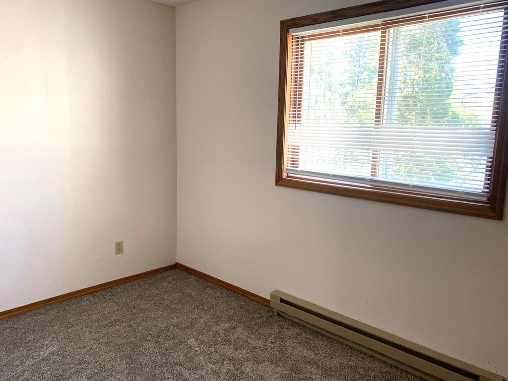 an empty room with a window and a carpet
