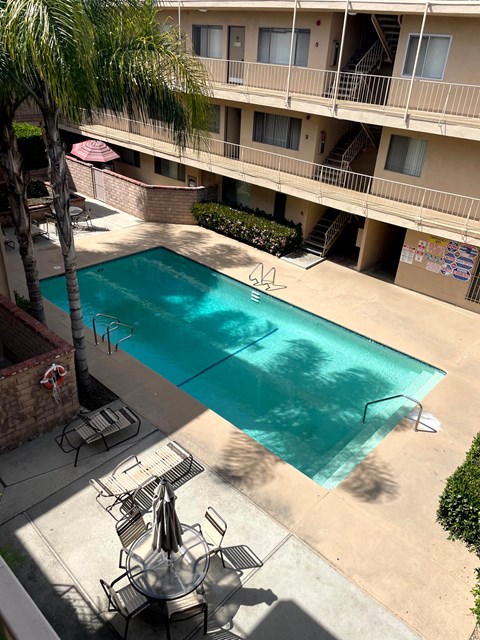 A pool surrounded by a patio and a building.