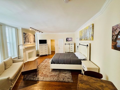 A bedroom with a bed, couch, and a TV.