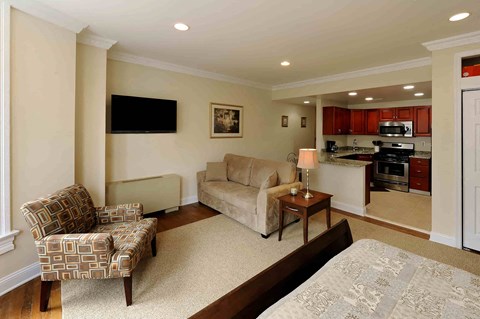 A living room with a couch, chair, and television.