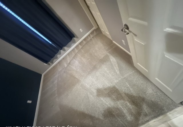 a hallway with a door and a carpeted floor