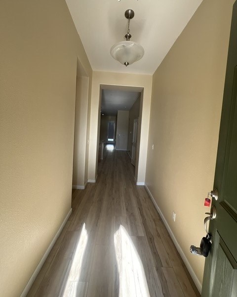 a hallway with wood flooring and a ceiling light