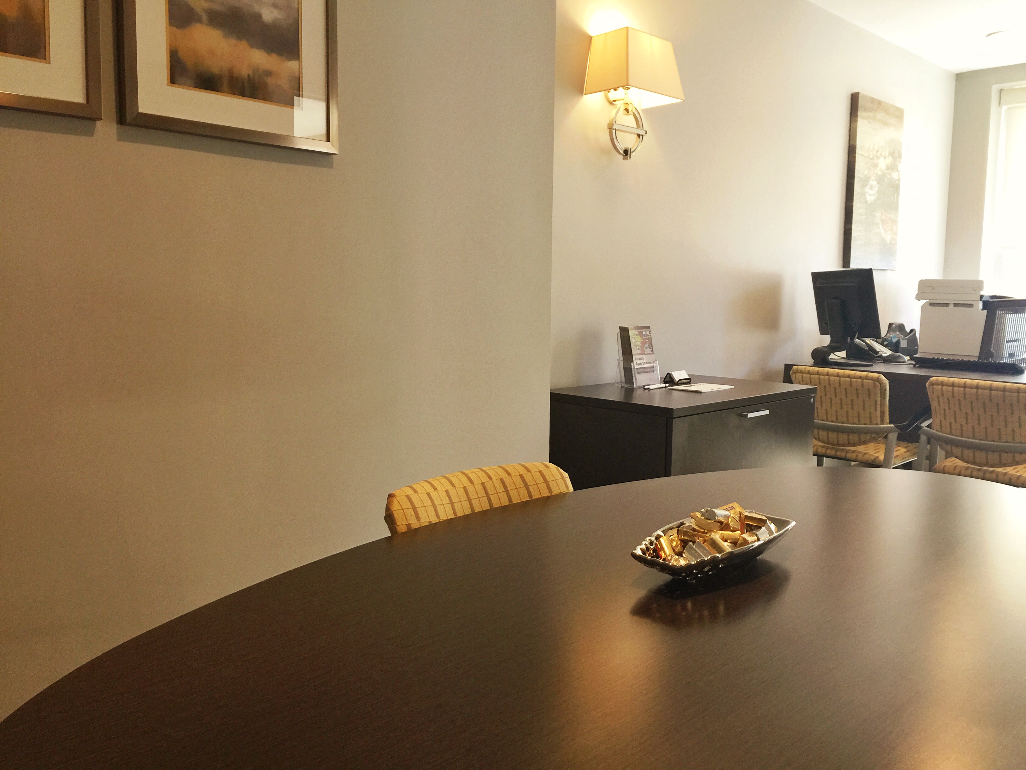 a dining room table with a bowl of food on it