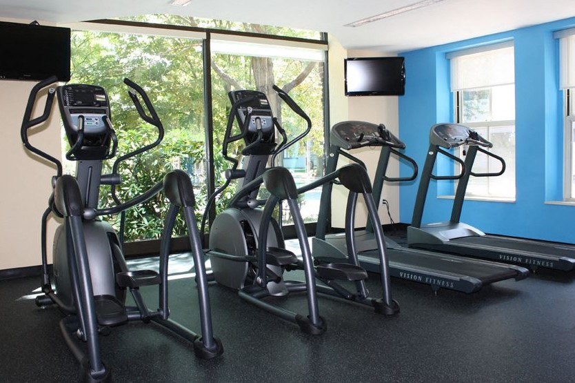 a gym with cardio equipment and a large window
