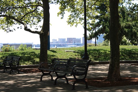 a group of benches in a park overlooking a body of water