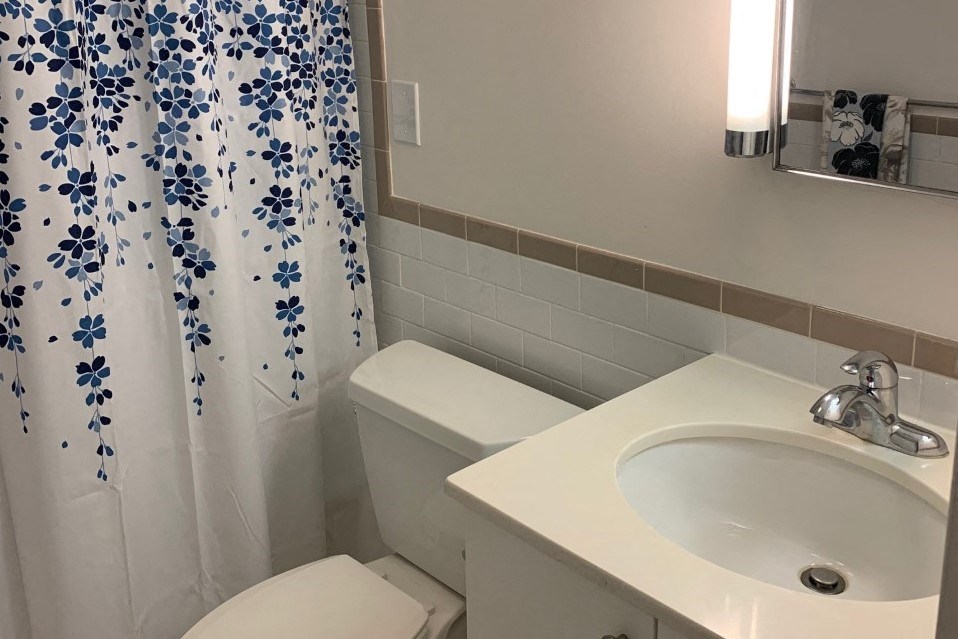a bathroom with a sink and a toilet and a shower curtain