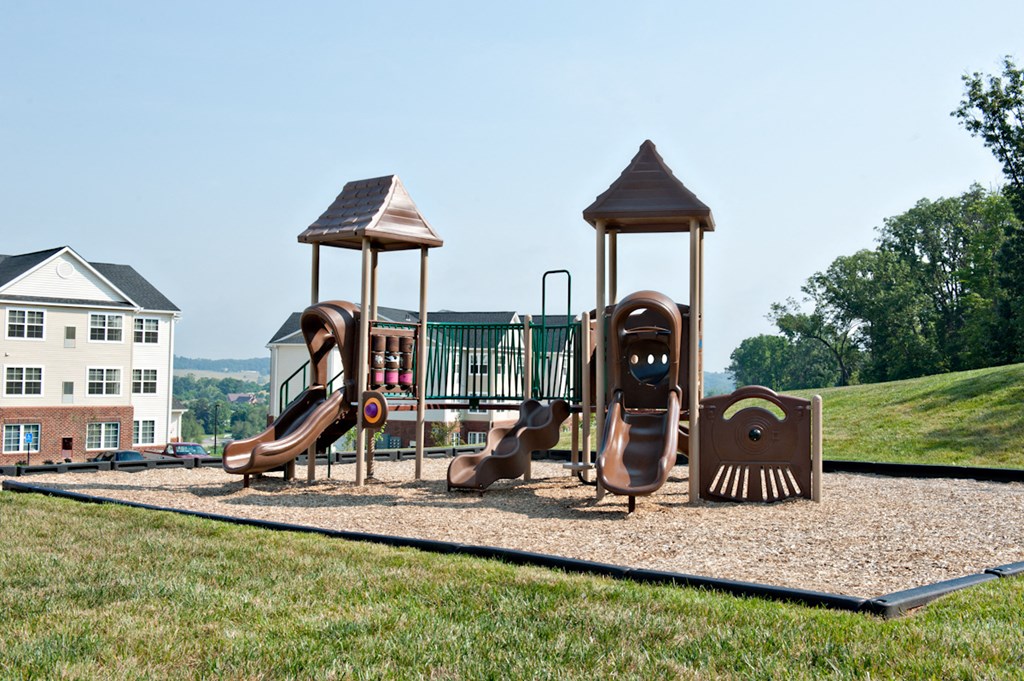 a playground with slides and a swing set