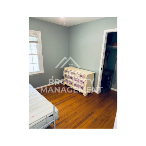 a bedroom with a dresser and a closet