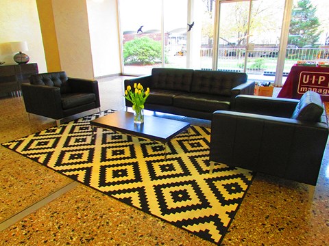a living room with black leather furniture and a black and yellow rug