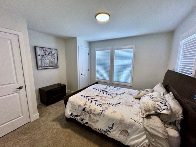 a bedroom with a bed and a closet