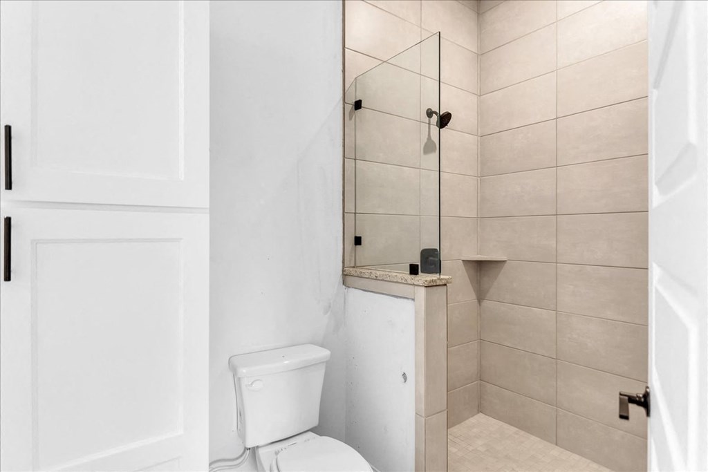 a white bathroom with a shower and a toilet