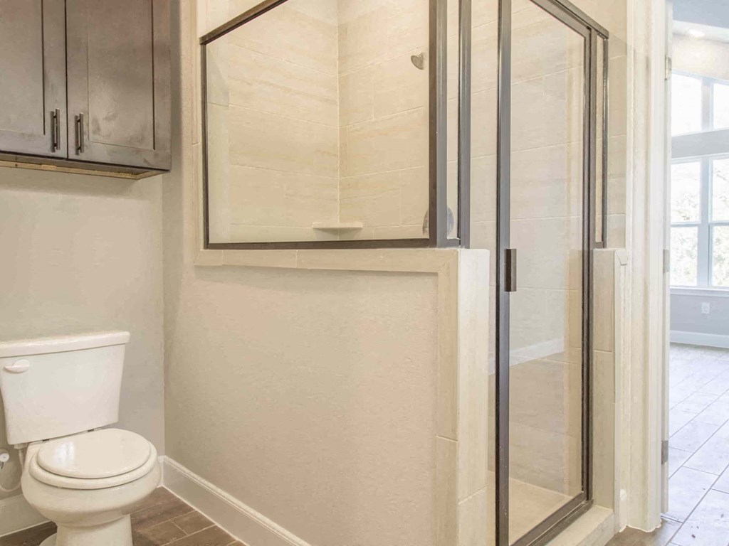 a bathroom with a toilet and a shower