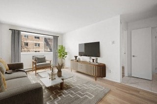 a living room with a couch and a television