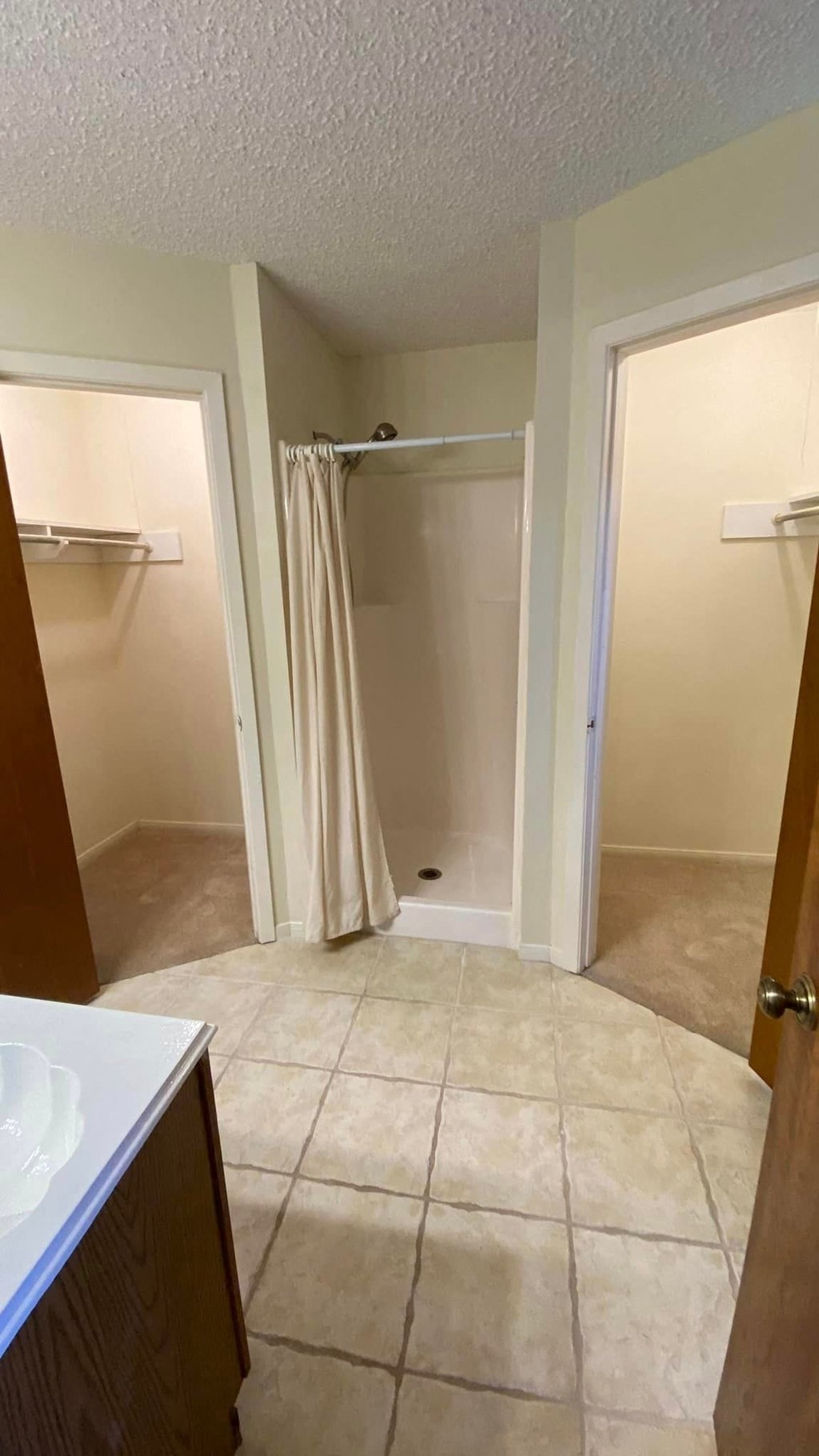 a bathroom with a shower and a sink