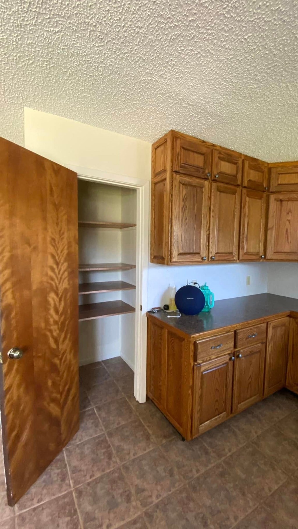 an empty kitchen with wooden cabinets and a sink