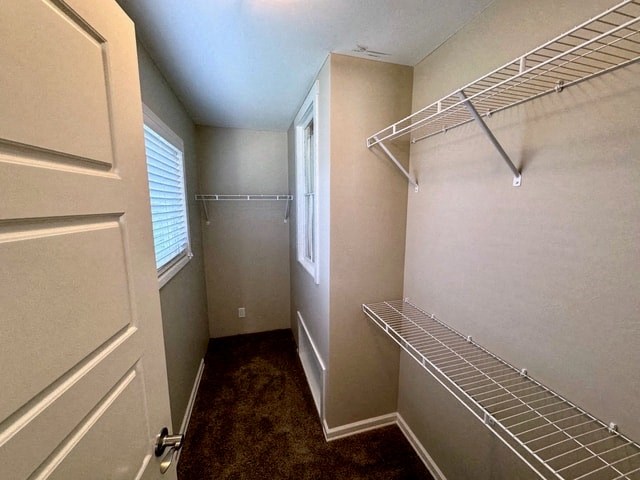 a walk in closet with a white closet door and a window