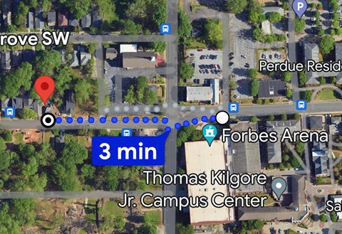 A map shows a red marker and a route that takes 3 minutes to get to Thomas Kilgore Jr. Campus Center.