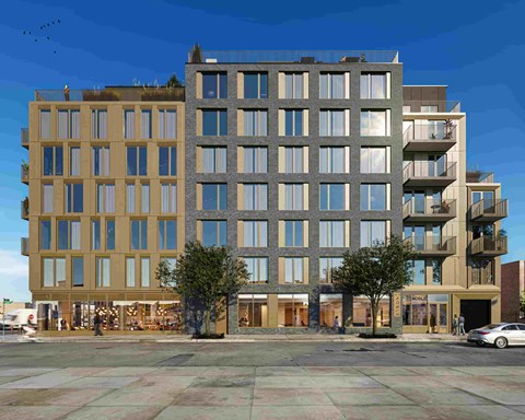 a rendering of a building on a city street