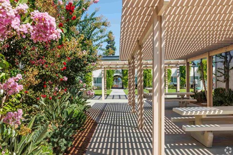 A walkway with benches and a canopy is surrounded by flowers.
