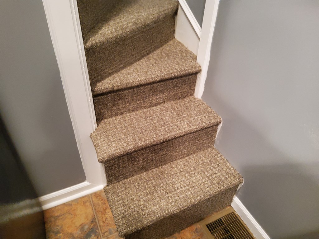 a view of the stairs from the bottom of the carpeted stairs