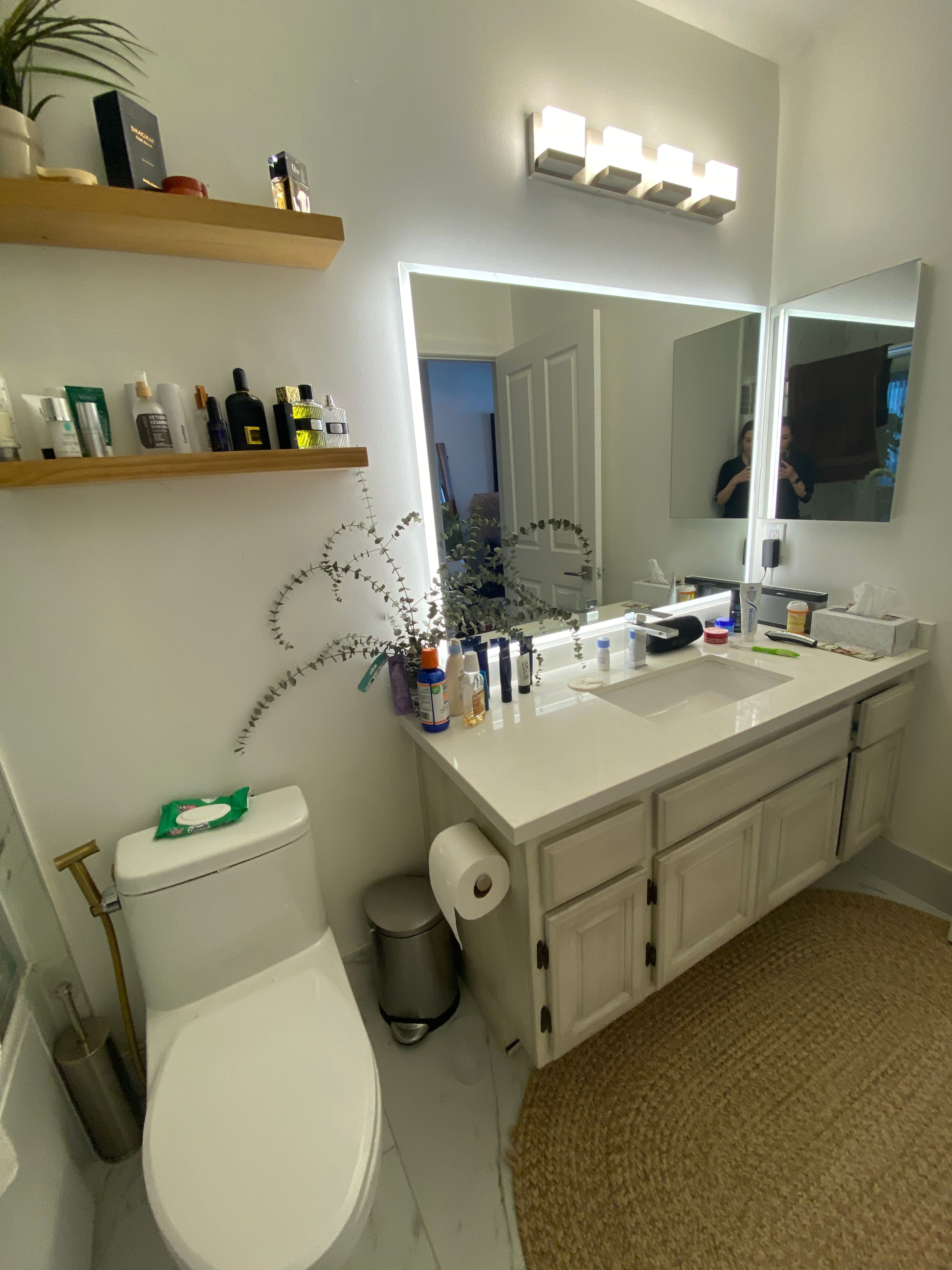 a bathroom with a toilet and a sink and a mirror