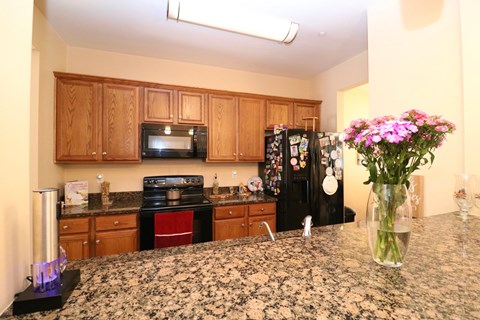 a kitchen with a granite counter top with a vase of flowers