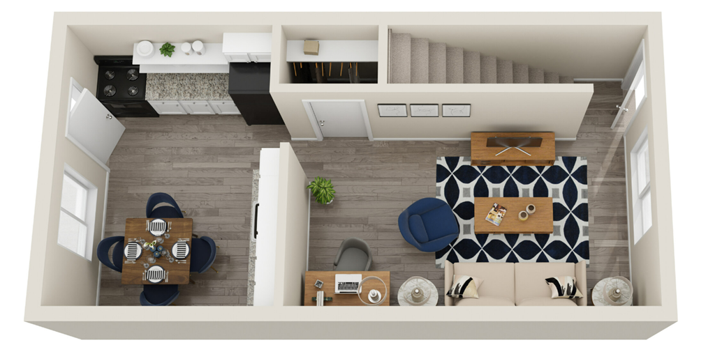 a rendering of a 1 bedroom floor plan with a living room and dining room