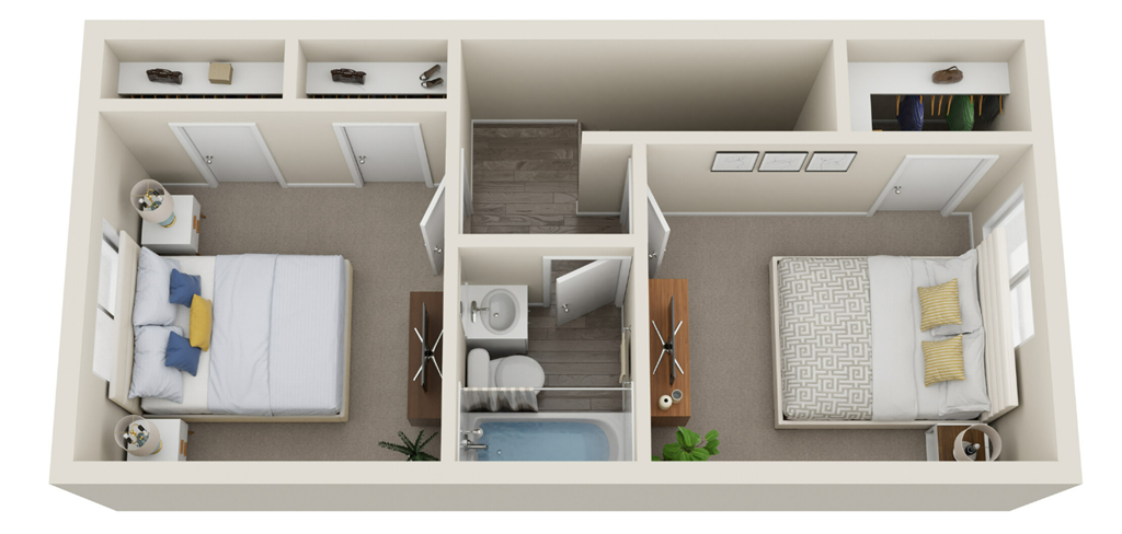 a 3d rendering of a bedroom with a bathroom and a living room