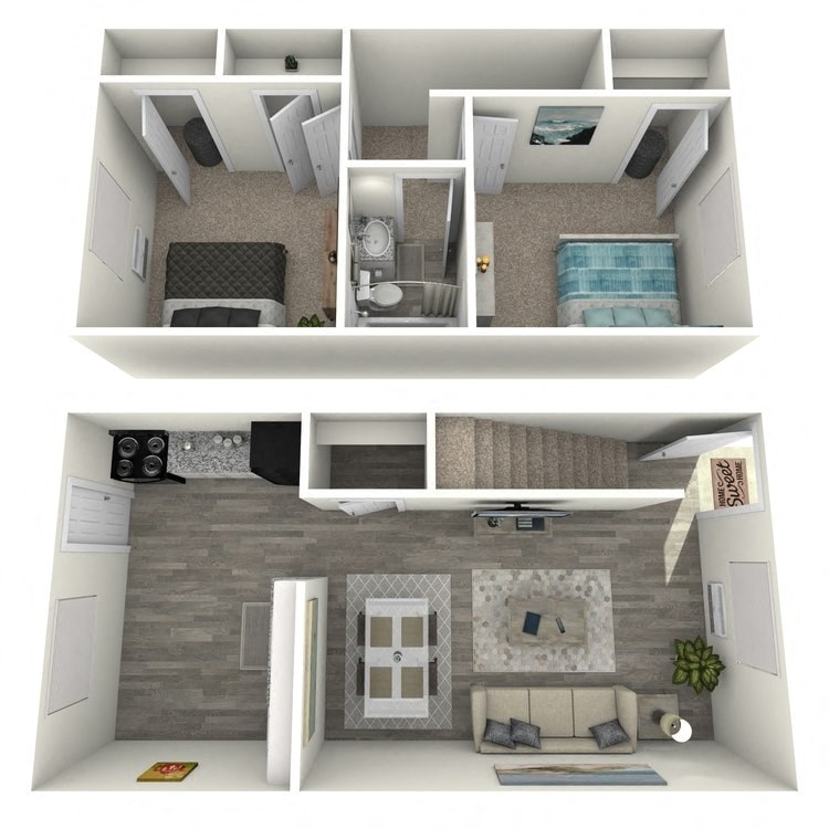 a 3d rendering of a bedroom and a living room