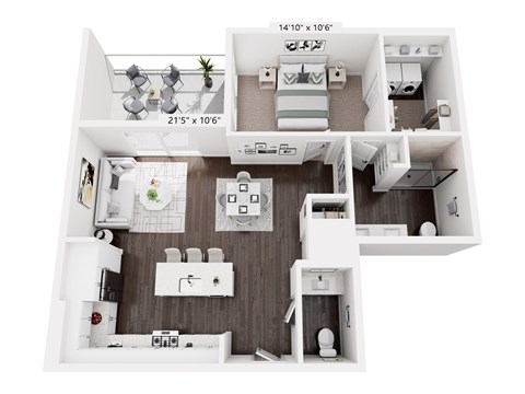 A 21x10 feet floor plan of a house with a kitchen, living room, and two bedrooms.
