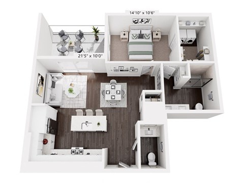 A 21x10 feet floor plan of a house with a living room, kitchen, and two bedrooms.