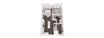 A floor plan of a small apartment with a kitchen, living room, and bathroom.