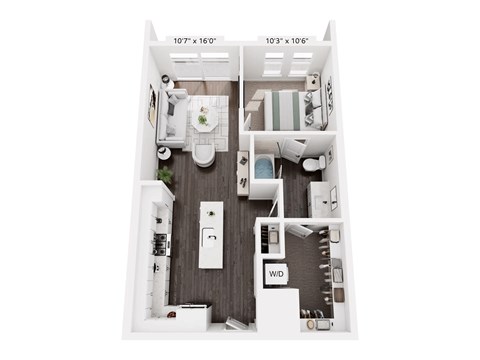 A floor plan of a small apartment with a kitchen, living room, and bathroom.