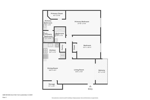 A floor plan of a home with a primary bedroom, dining room, living room, and two bathrooms.