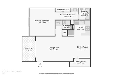 A floor plan for a 2 bedroom, 2 bathroom apartment.